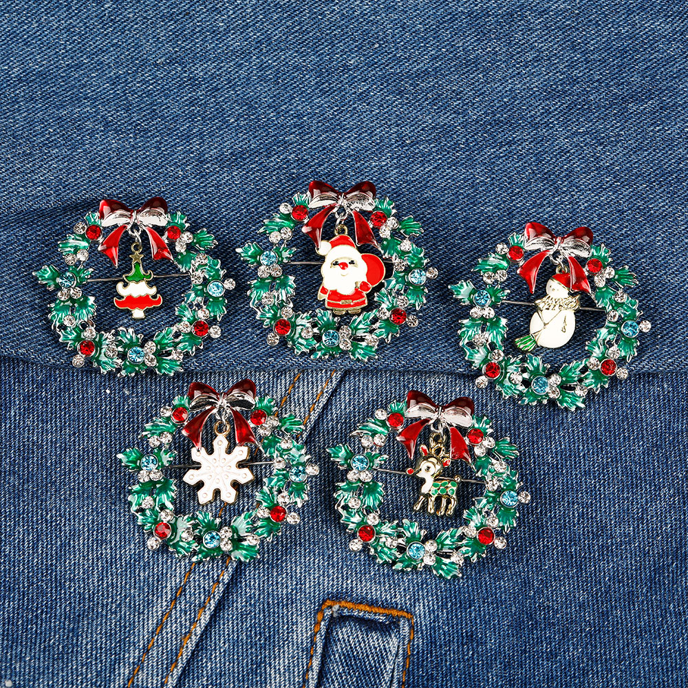 Vintage Collectible Santa - Christmas Wreath Collection Enamel Crystal Brooches